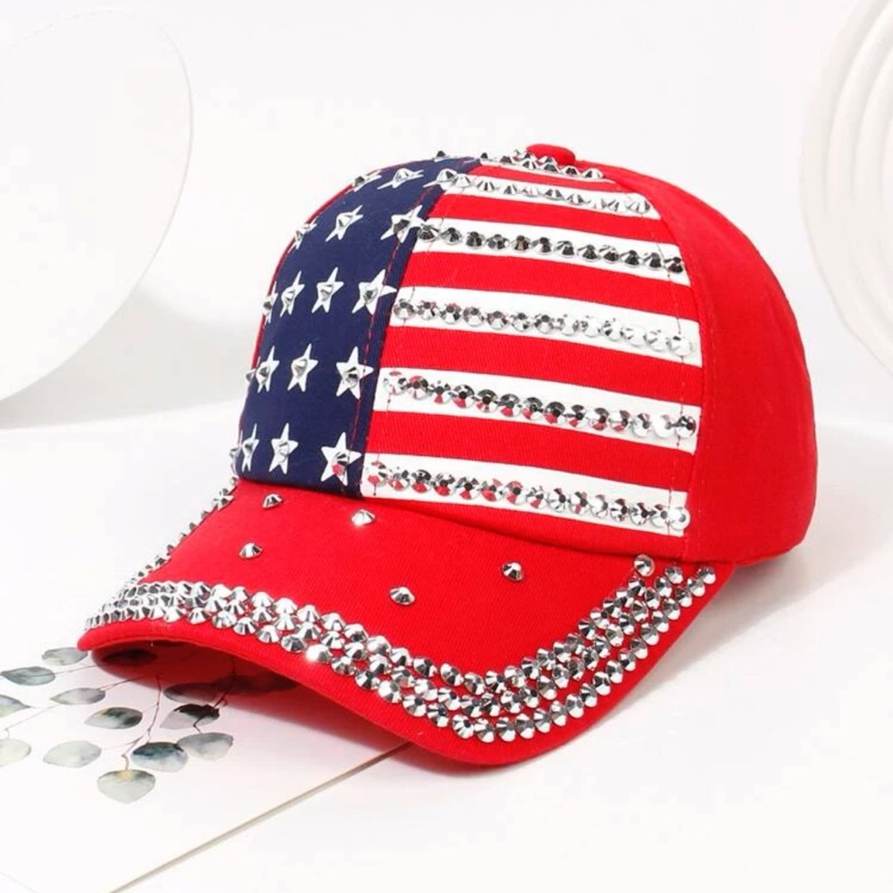 NWT Women U.S Flag Pattern Rhinestone Decor Glamorous Baseball Cap 4 Daily Life